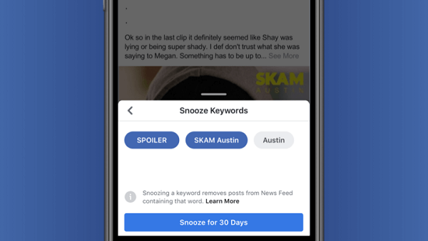 פייסבוק בודקת את מילת המפתח נודניק, המעניקה למשתמשים אפשרות להסתיר זמנית פוסטים על סמך טקסט שנשלף ישירות מהפוסט.