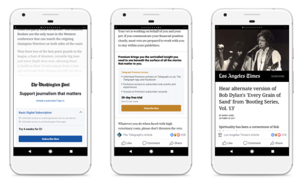 פייסבוק בודקת מודלים של קירות שכר ומנויים עבור מאמרים מיידיים עם קבוצה קטנה של מפרסמים ברחבי ארה"ב ואירופה.