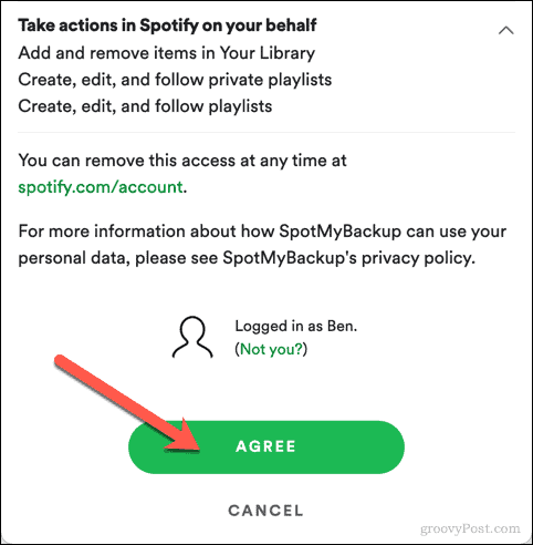 אישור גישה SpotMyBackup ל- Spotify