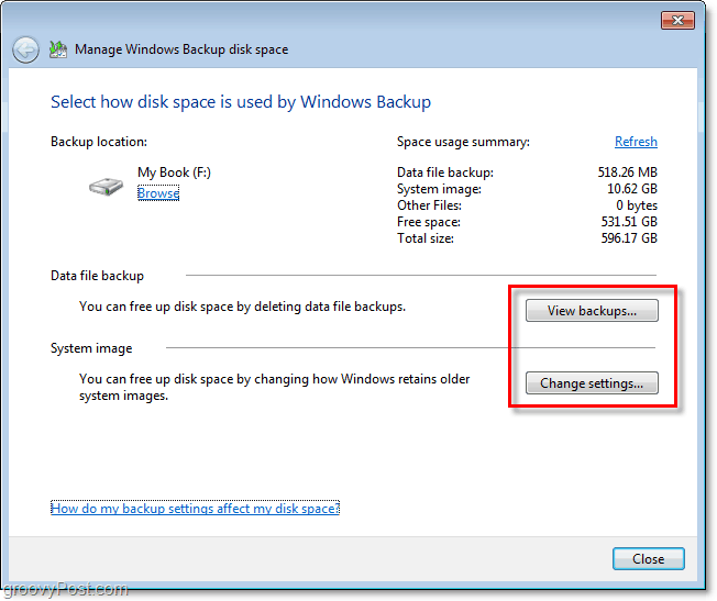 גיבוי Windows 7 - צפה בגיבוי או שנה את ההגדרות כדי להתאים את הגודל