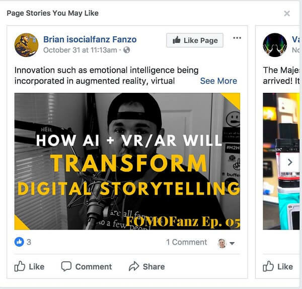 פייסבוק ממליצה על "סיפורי עמודים שעשויים למצוא חן בעינייך" בין הודעות בעדכון החדשות שלך.