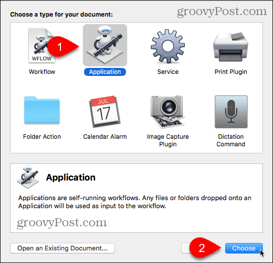בחר בסוג היישום ב- Automator for Mac