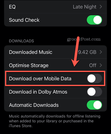 נתונים ניידים של Apple Music כבוי