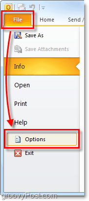 קובץ> אפשרויות ב- Outlook 2010