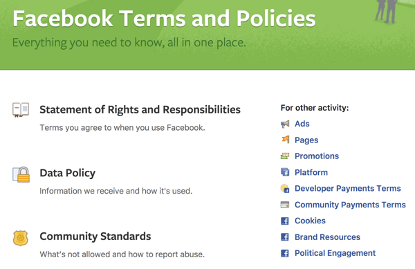 פייסבוק מתארת ​​את כל התנאים והמדיניות שאתה צריך לדעת.