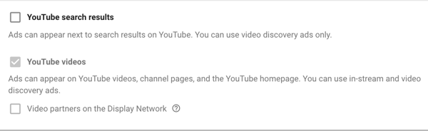 כיצד להגדיר קמפיין מודעות YouTube, שלב 11, להגדיר אפשרויות תצוגת רשת