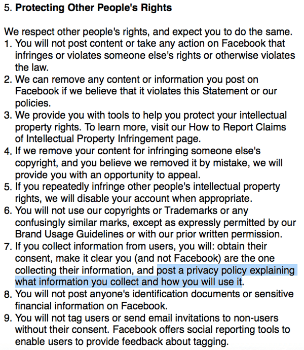 תנאי פייסבוק המתארים את דרישת מדיניות הפרטיות.