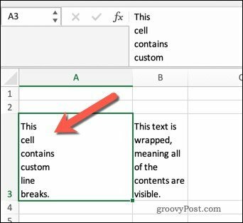 עטיפת טקסט ב- Excel באמצעות מעברי שורות.