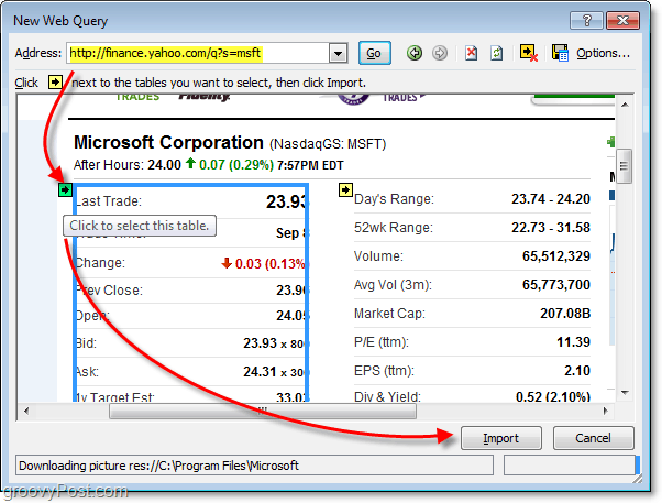 בחר טבלאות נתונים לשימוש באינטרנט ב- Excel 2010