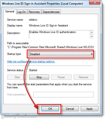 סוג ההפעלה מושבת של Windows Live ID כניסה עוזר