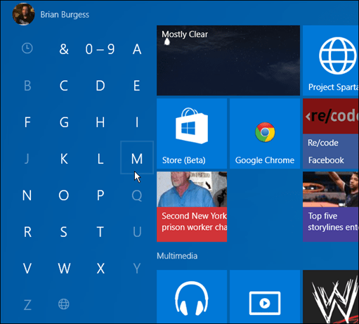 אפליקציות לפי האות הראשונה Windows 10 Start