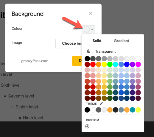 הוספת צבע רקע לשקופית ראשית ב- Google Slides