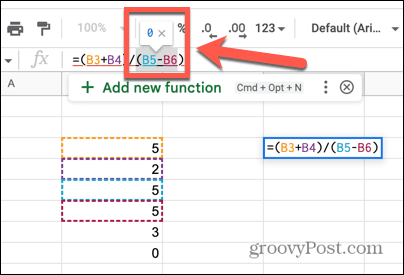 תוצאה של google sheets div 0