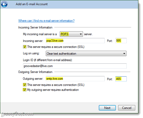 Windows Live Mail https הגדרות חשבון דוא"ל