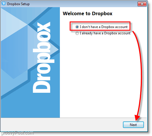 צילום מסך של Dropbox - בחר ליצור חשבון חדש