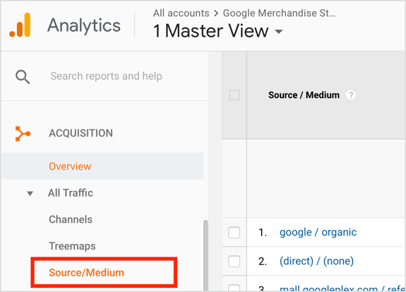 פתח את Google Analytics ועבור אל רכישה> כל התנועה> מקור / מדיום.