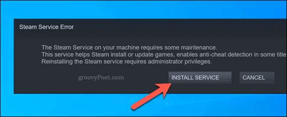 שגיאת שירות Steam התקנה מחדש אפשרות השירות