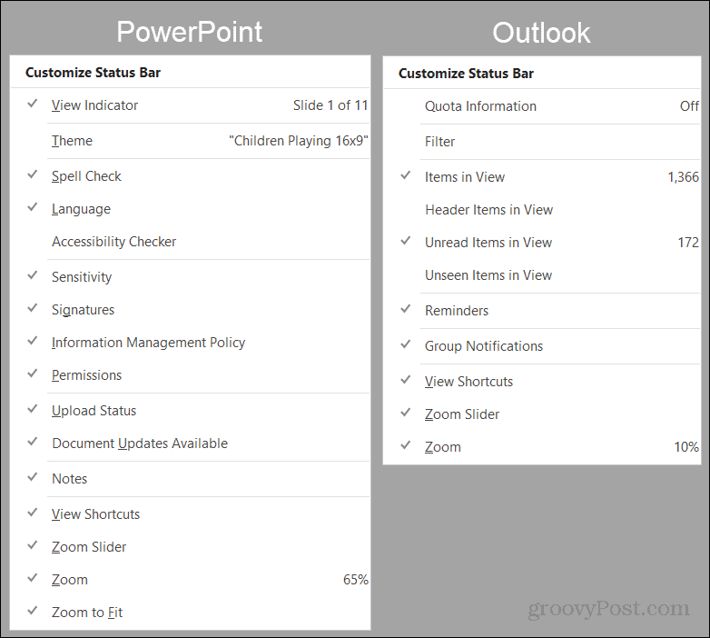 אפשרויות שורת המצב של PowerPoint ו- Outlook