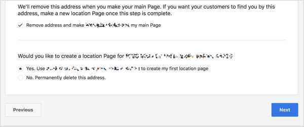 אם לדף הראשי שלך יש כתובת, תוכל להוסיף כתובת זו כדי ליצור דף מיקום בפייסבוק.