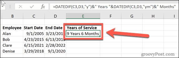 Excel dated אם שנים וחודשי שירות