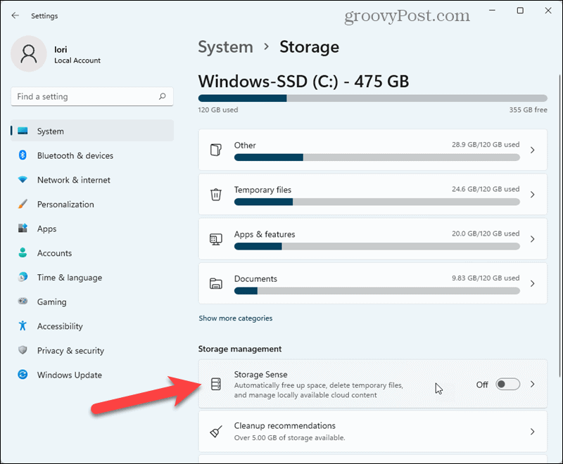 לחץ על Storage Sense בהגדרות Windows 11
