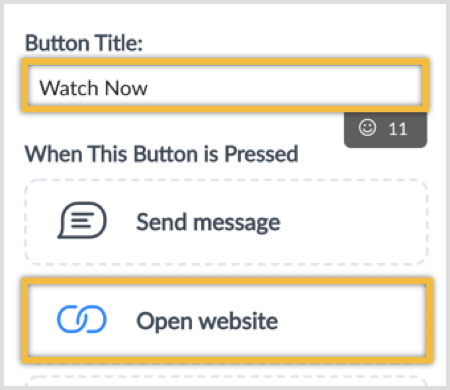 הקלד כותרת כפתור ובחר באפשרות פתח אתר.