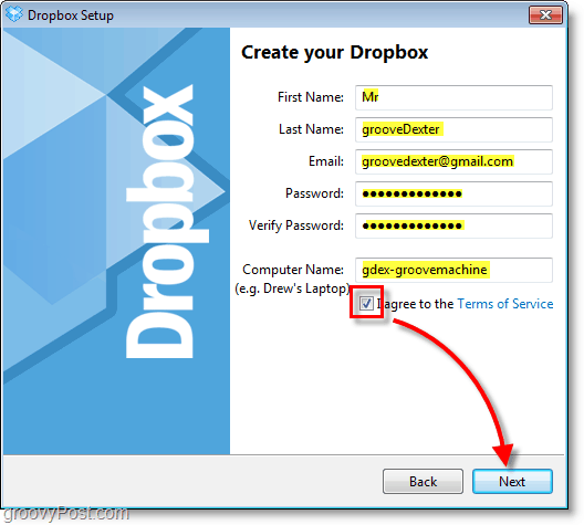 צילום מסך של Dropbox - הזן את פרטי החשבון שלך