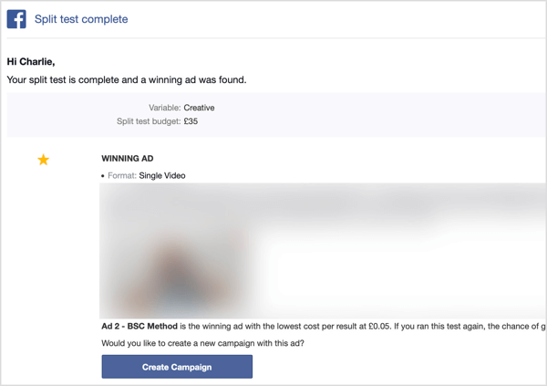 אתה מקבל דוא"ל לאחר השלמת בדיקת הפיצול שלך בפייסבוק.