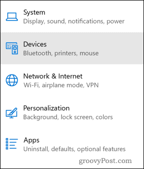 תפריט הגדרות מכשירים של Windows