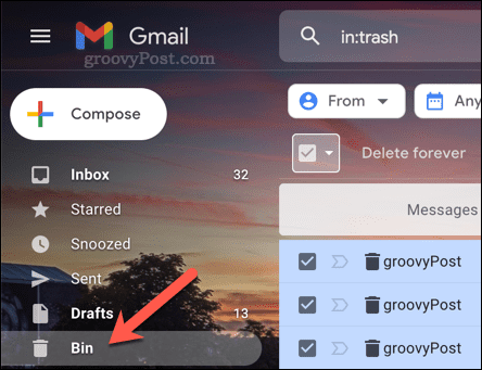 פתיחת תיקיית האשפה (פח) ב-Gmail