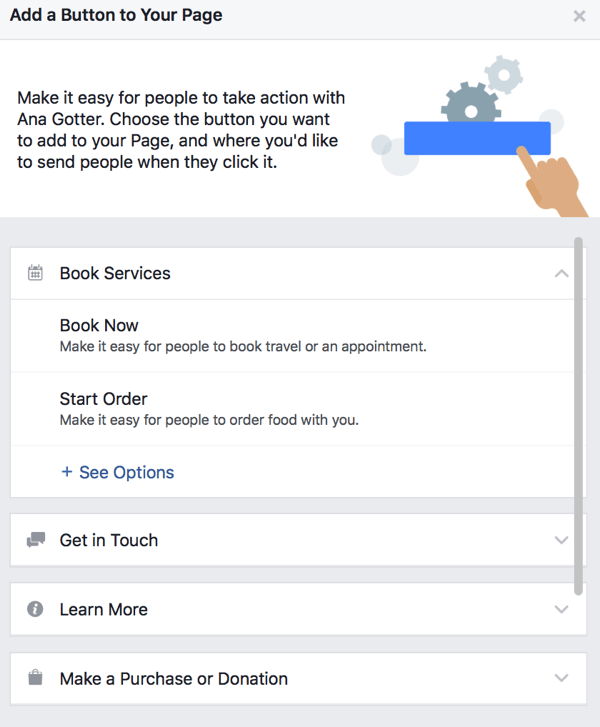 אתה יכול לבחור ממספר גדול של כפתורי CTA לדף הפייסבוק שלך.