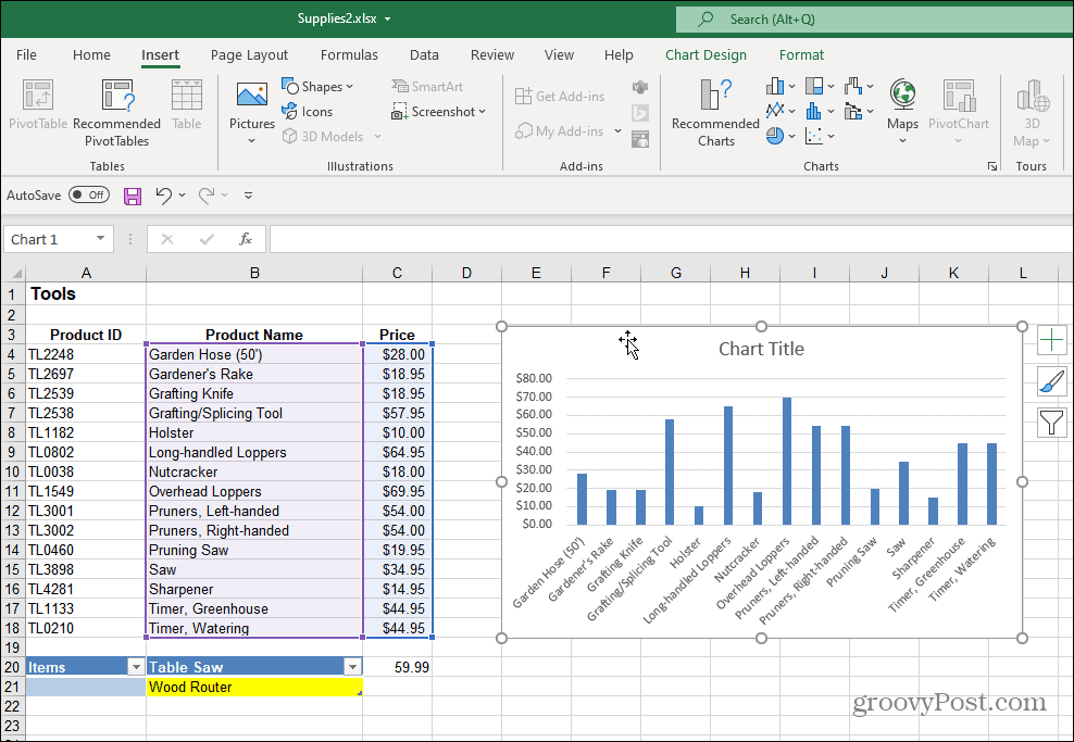 תרשים עמודות יצר את Excel