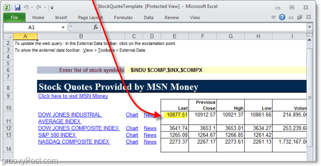 השתמש בנתוני אינטרנט ב- Excel 2010 כדי לעקוב אחר מחירי המניות
