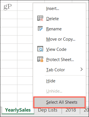 בחר את כל הגיליונות ב- Excel