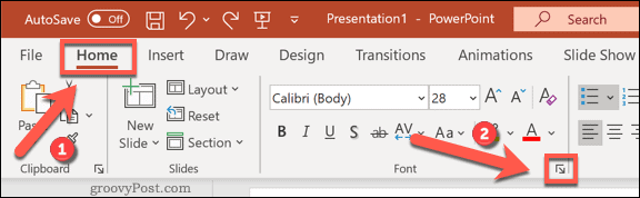 גישה לתפריט אפשרויות הגופנים ב- PowerPoint ב- Windows