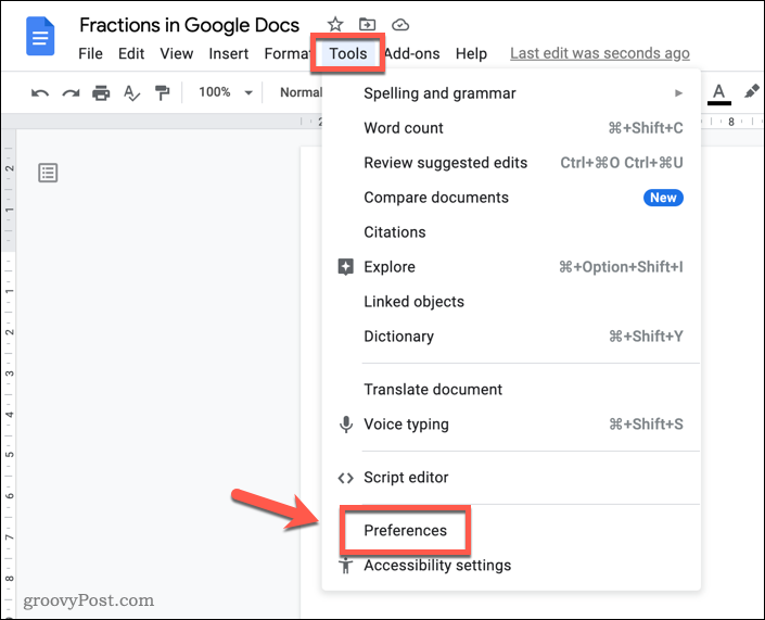 פתיחת תפריט ההעדפות של Google Docs