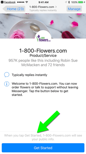 שליחת הודעה אל 1-800-Flowers.com דרך עמוד הפייסבוק שלהם מקלה על המשתמשים להפוך ללקוחות.