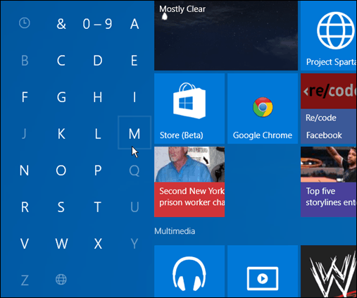 חפש באפליקציות את האות הראשונה Windows 10
