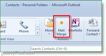 צילום מסך של Outlook 2010 - לחץ על מיזוג דואר