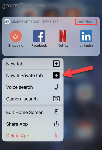 בחר כרטיסיית InPrivate חדשה מסמל Edge ב- iOS