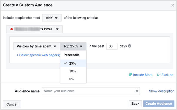 בתיבת הדו-שיח 'צור קהל מותאם אישית' של פייסבוק יש אפשרויות למיקוד מודעות ללקוחות שבילו את מירב הזמן באתר שלך.