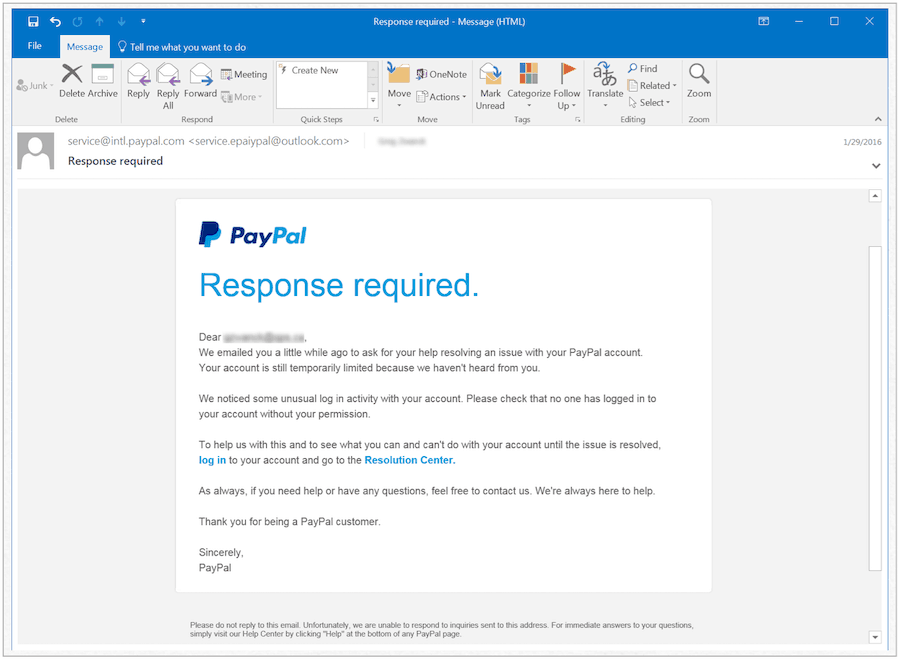 הודעה מזויפת של PayPal