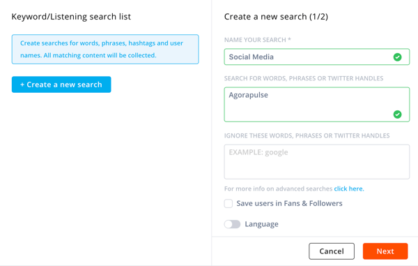 כיצד להשתמש ב- Agorapulse להאזנה למדיה חברתית, שלב 3 חיפוש בפרטים.