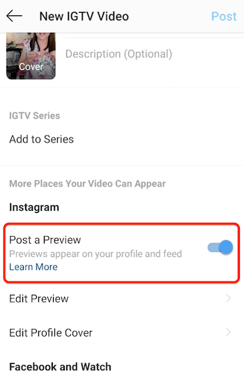 instagram igtv אפשרויות תפריט וידאו חדשות עם ההודעה אפשרות תצוגה מקדימה מופעלת