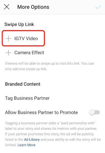 אפשרויות תפריט instagram להוסיף קישור החלקה עם אפשרות וידאו IGTV מודגשת