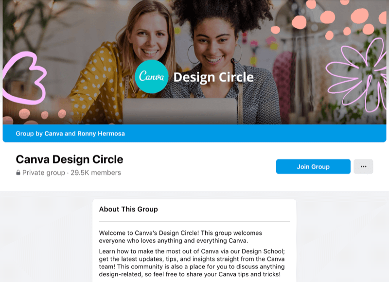 דוגמה לקבוצת פייסבוק פרטית מאת canva ורוני הרמוסה בשם canva design circle