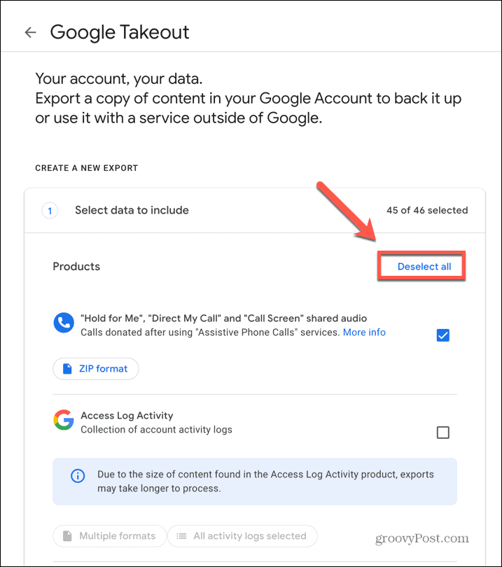 ביטול הבחירה של google takeout