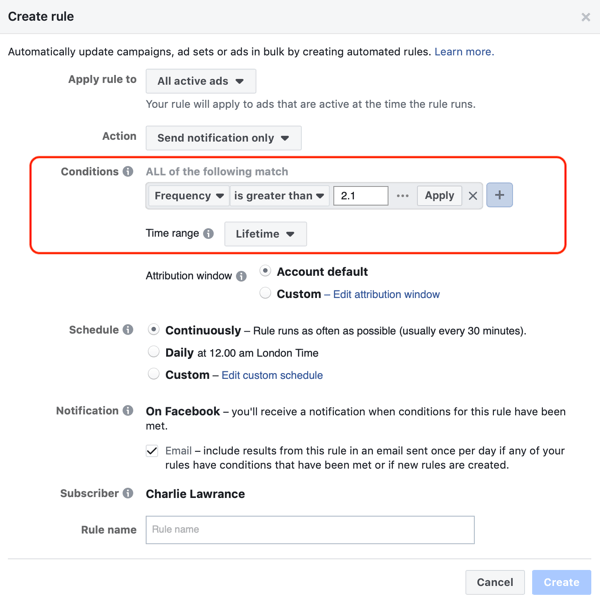 השתמש בכללים אוטומטיים של פייסבוק, הודעה כאשר תדירות המודעה מעל 2.1, שלב 2, הגדרות התנאים