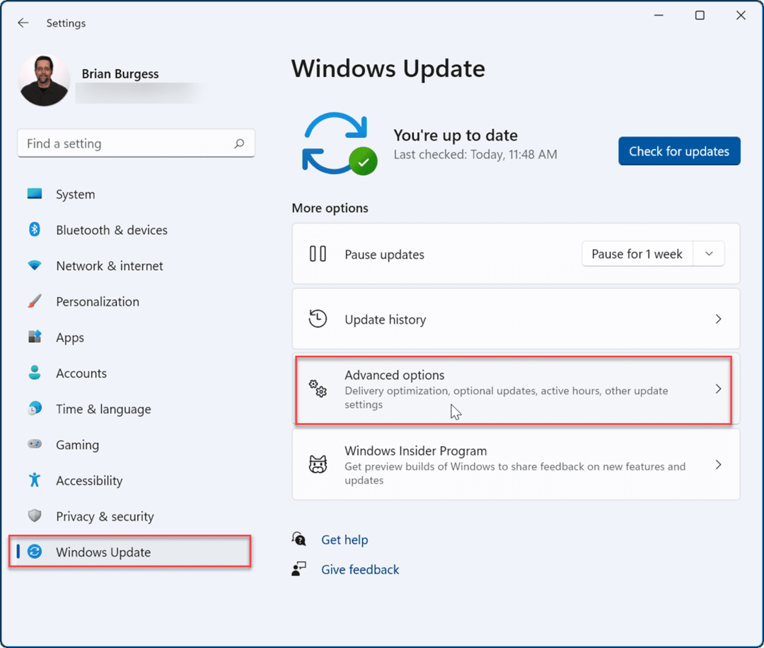Windows Update אפשרויות מתקדמות