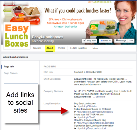 קישורים חברתיים בקטע של עמוד פייסבוק קל של קופסאות אוכל